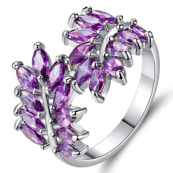 Purple Leaf Cubic Zirconia Silver Ring - Picture 4 of 6